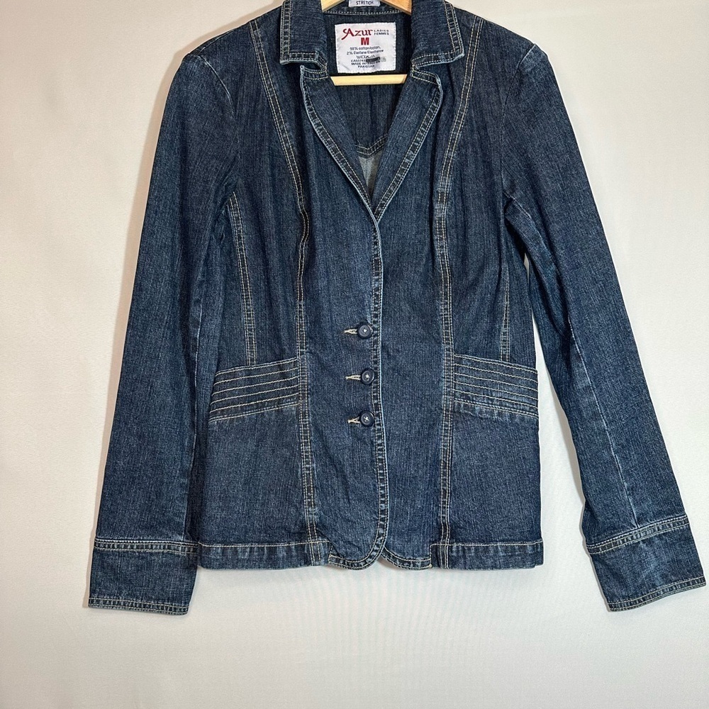 Azur Womens Size M Denim Jacket Blazer Coat Buttons Pockets Stitched Stretchy - Picture 9 of 14